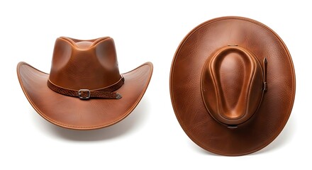 Two brown leather cowboy hats displayed side by side on a white background from different viewpoints