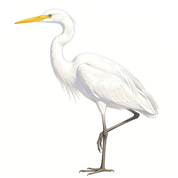 Great white egret vector illustration isolated on white background, elegant heron standing on one leg, bird wildlife nature design element