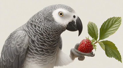 Obraz premium Parrot's Delight: A close-up shot of a majestic parrot holding a vibrant, ripe strawberry and green leaves. It is a symbol of joy and appreciation of nature's simple gifts.