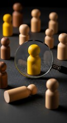Obraz premium Yellow wooden figure under magnifying glass surrounded by neutral figures