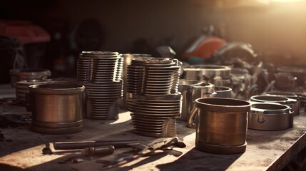 piston. Automotive engine parts displayed on a workbench with professional lighting and detailed focus. safety posters.
