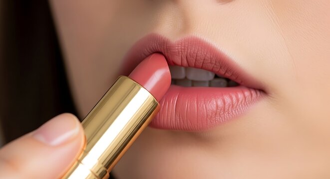 Closeup of lips applying peachy pink lipstick with gold tube
