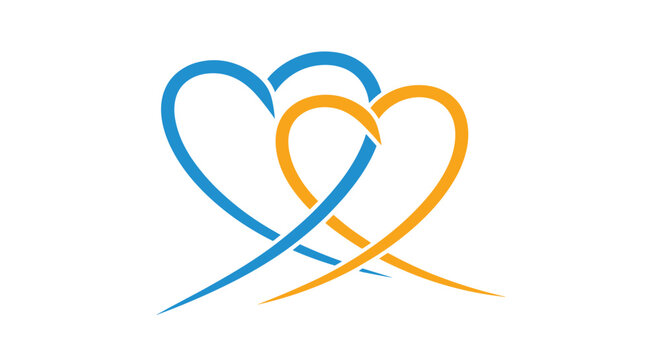 Two interlocking heart shapes in vibrant blue and orange colors, symbolizing love, partnership, unity, and strong emotional connection between two.