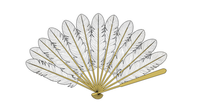 Elegant hand fan made of numerous long white feathers with brown quills and a golden handle, suggesting luxury, vintage fashion, or stage props art.