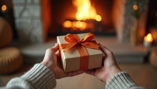 Person holds gift box near fireplace with warm fire. Cozy scene with orange ribbon on present. Winter holiday celebration, gift giving, surprise, love.