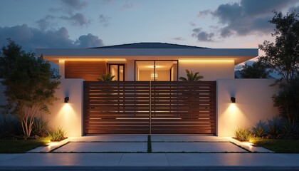 Plakat Modern house exterior with wooden gates and driveway illuminated at dusk. Contemporary architecture features clean lines and warm exterior lighting. Elegant luxury home entrance at twilight.