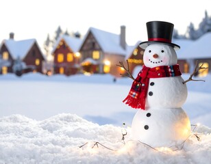 Fototapeta premium Snowman with black top hat and red scarf in snowy village landscape, houses illuminated in background