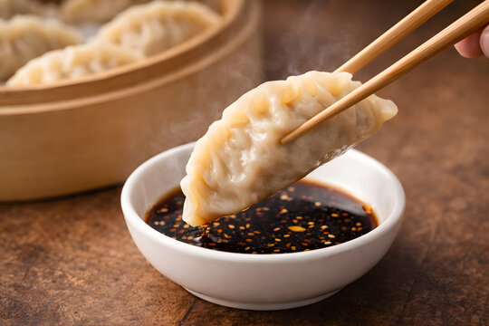 Steamed dumpling dipped in soy sauce with chopsticks, Asian cuisine food concept