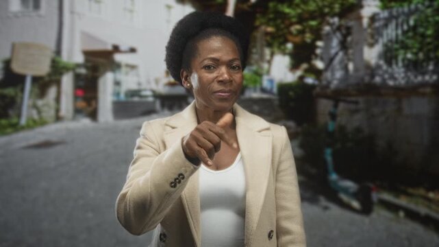Woman points index finger to camera on a city street, alternating with a phone hand gesture, wearing beige coat and white top in close midshot; assertive warning.