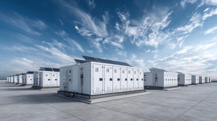Obraz premium Modern battery storage units with solar panels on top under a vast blue sky