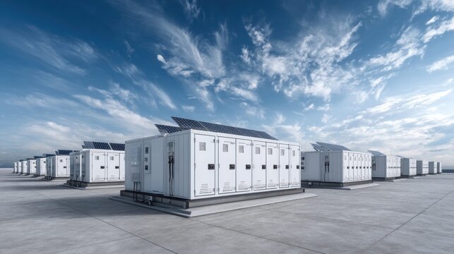 Modern battery storage units with solar panels on top under a vast blue sky