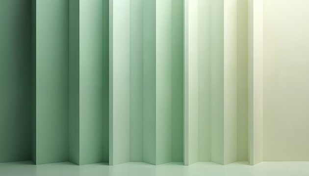 Soft green and rectangles create a minimalist geometric background. Subtle light and shadow play on the clean, modern shapes for a serene abstract composition in a studio setting.