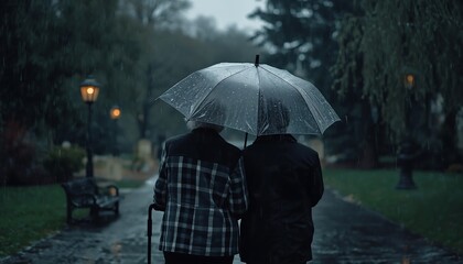 An elderly couple walks under a large clear umbrella during a rainy day in a park with wet trees.
