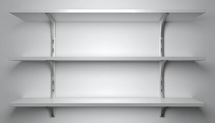 Front view of three empty, white shelves on a white wall