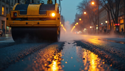 Obraz premium Yellow steamroller smooths wet asphalt street at dusk. City roadwork continues in evening light. Urban infrastructure project progresses as steam rises from hot surface.