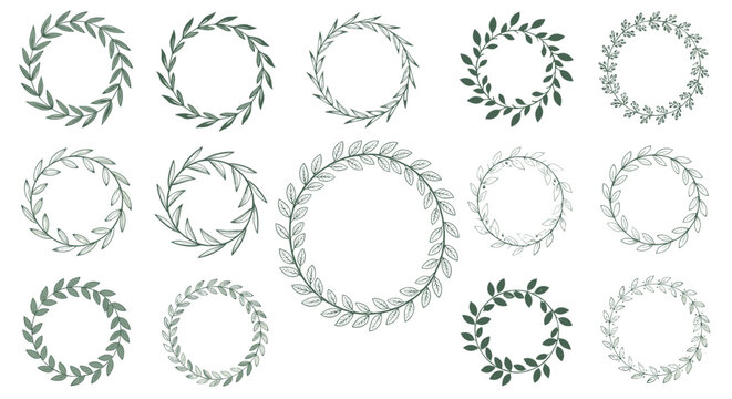 Large set of fifteen different hand drawn green leaf and branch wreaths for logos, invitations, and organic branding.