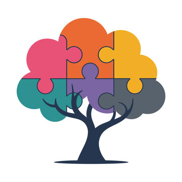 A colorful tree illustration with puzzle pieces for leaves in a modern style