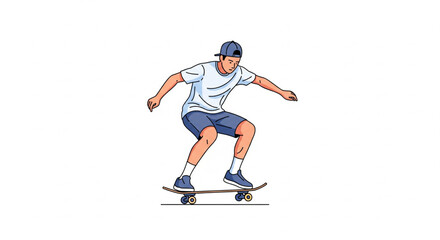 Fototapeta premium A young man skateboarding with skill and balance on a skateboard, performing a trick, illustration