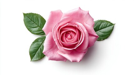 Naklejka premium Delicate pink rose with green leaves on a clean white background, symbolizing love and beauty