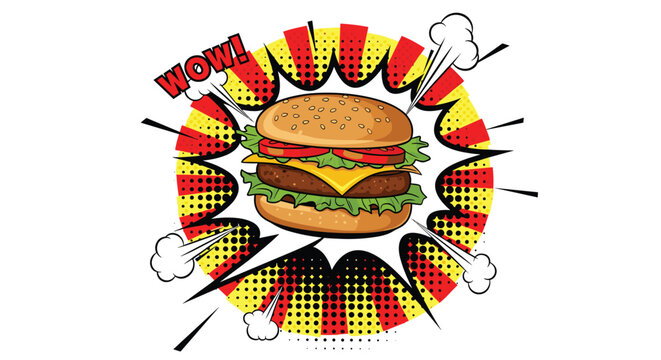Large juicy hamburger with cheese lettuce and tomato surrounded by a pop art explosion and the word Wow in red.