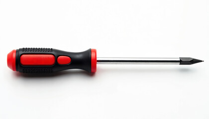 Red and black Phillips head screwdriver isolated on white background. This tool is for fastening screws. Useful for home repair or construction projects. It has a metal shaft and a comfortable grip.