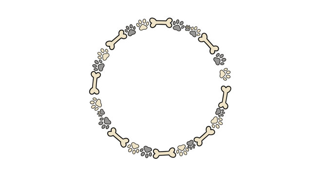 Decorative circular frame composed of beige dog bones and gray paw prints in various sizes, creating a charming border for pet related content.