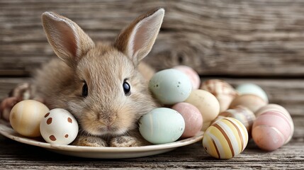 A cute Easter bunny sitting on a plate surrounded by colorful eggs on a wooden table