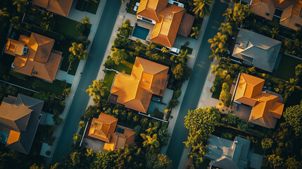 Fototapeta premium Aerial view of modern residential neighborhood with single-family homes, green gardens and paved roads, real estate