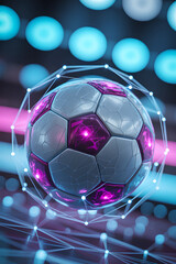 Naklejka premium Glowing purple and silver soccer ball with neon connections 1
