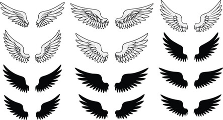 Obraz premium Vector Wing Icon Set Featuring Angel Wings, Bird Wings, Black Silhouettes, Line Art Designs, Eagle Wings, and Spiritual Flight Symbols,