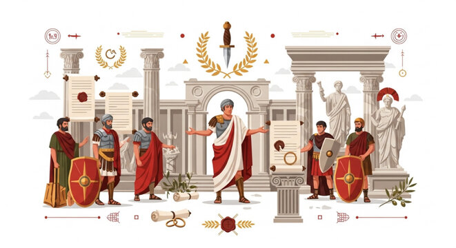 Ancient Roman Betrayal Scene with Senator in Toga, Dagger Symbol and Political Intrigue Flat Vector Illustration