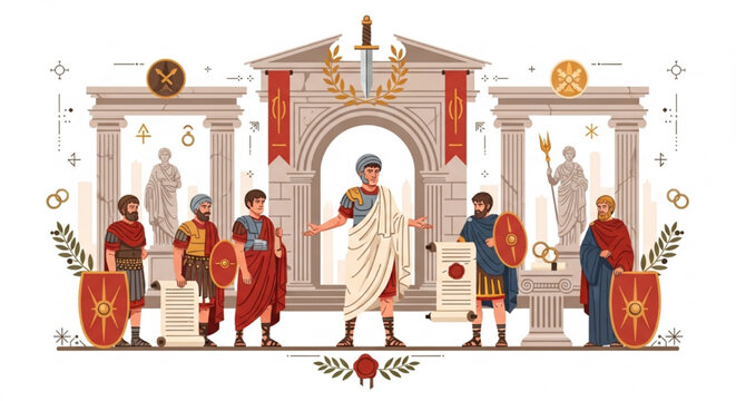 Ancient Roman Betrayal Scene with Senator in Toga, Dagger Symbol and Political Intrigue Flat Vector Illustration