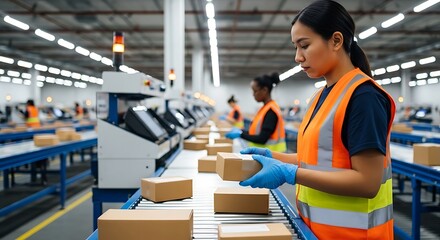 Fototapeta premium Warehouse worker in orange safety vest efficiently packing boxes on conveyor belt in large industrial facility