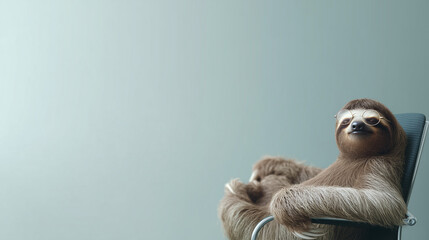 Fototapeta premium Sloth in ergonomic office chair wearing glasses in minimal workspace, funny slow employee and burnout concept