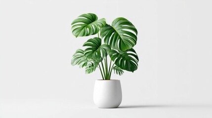Lush green monstera plant in a minimalist white pot against a clean white background
