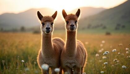 Fototapeta premium Two young alpacas stand in a golden grassy field at sunrise. Soft light bathes them as gentle mountains form the distant background. They look curiously towards the viewer.