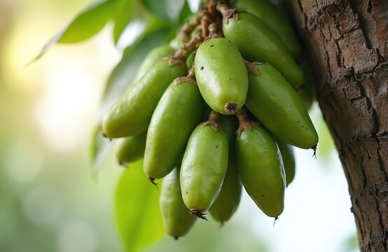 Green starfruit bunch on tree branch, Averrhoa Bilimbi fruit used in asian cooking. Natural tropical ingredient for sour taste dishes and spice.