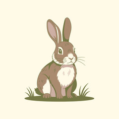 Fototapeta premium Illustrated brown rabbit sitting in grass with long ears and whiskers