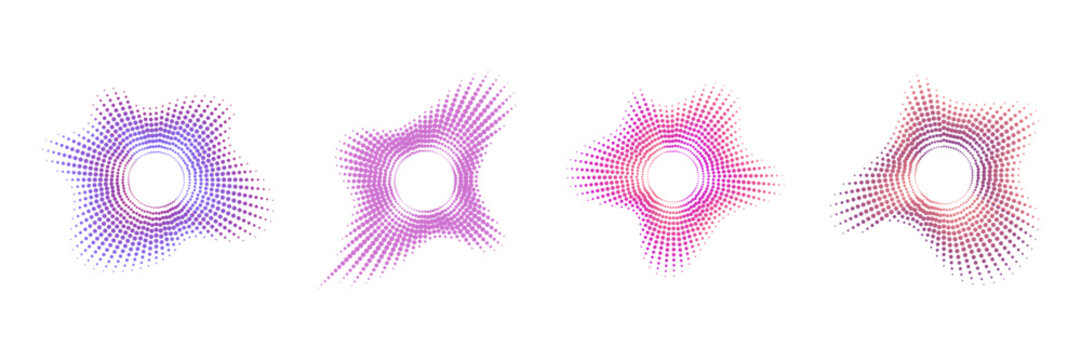 Set of abstract sound wave forms in vibrant gradient colors, radial patterns created with small dots representing audio visualization isolated and vector illustration.