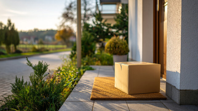 Cardboard box parcel delivery doorstep residential morning sunlight outdoor home