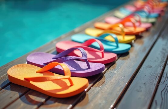 Colorful flip flops arranged on wet wooden poolside deck. Shoes line up near blue swimming water. Summer footwear for beach vacation, pool party fun, and tropical travel leisure time.