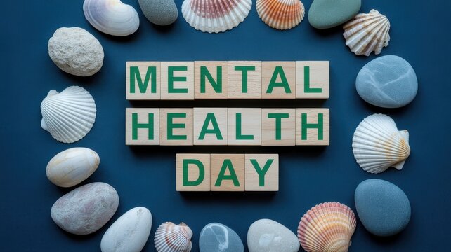 "Mental Health Day" spelled on wooden blocks with seashells and pebbles on a blue background
