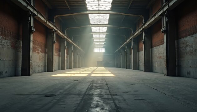 Vast empty industrial warehouse interior with concrete floor brick walls, large skylights. Sunlight streams through windows creating strong shadows, dramatic atmospheric lighting. Perfect for