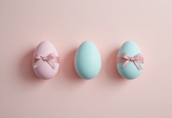 Easter colored eggs with decorative ribbon, copy space