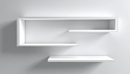 Modern, white shelving unit design with multiple compartments and shadows on a white wall