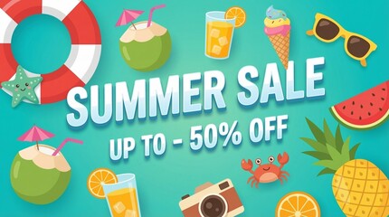 Summer Sale Discount Banner with Beach Elements Vector Illustration
