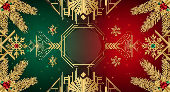 Modern Art Deco Christmas Background - Geometric Gold Patterns with Emerald Green and Ruby Red Accents