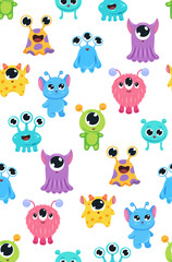 Fototapeta premium Vector pattern with cute cartoon aliens. Childish texture with Martians. Seamless pattern with hand drawn monsters