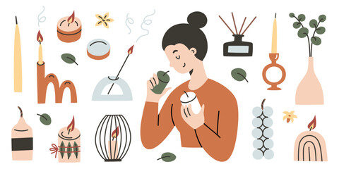 Woman smelling aromatic candles. Set of decorative candles in various shapes, holders, incense sticks, eucalyptus branches. Flat vector illustration in cartoon style for home decor, relaxation © Elena