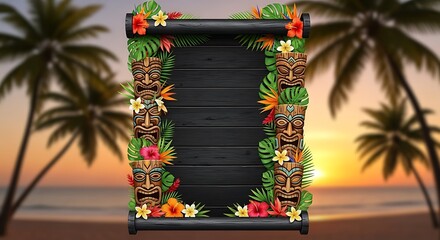 Tropical Beach Sign with Floral Decor at Sunset.
